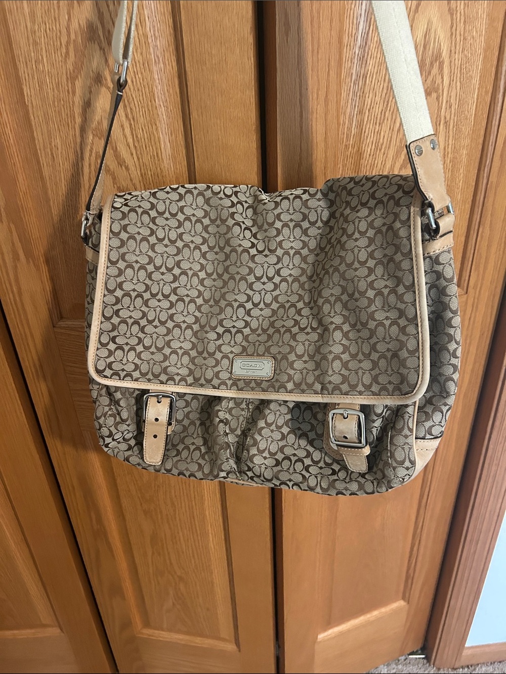 Coach Beige & Tan Signature Canvas Messenger Bag